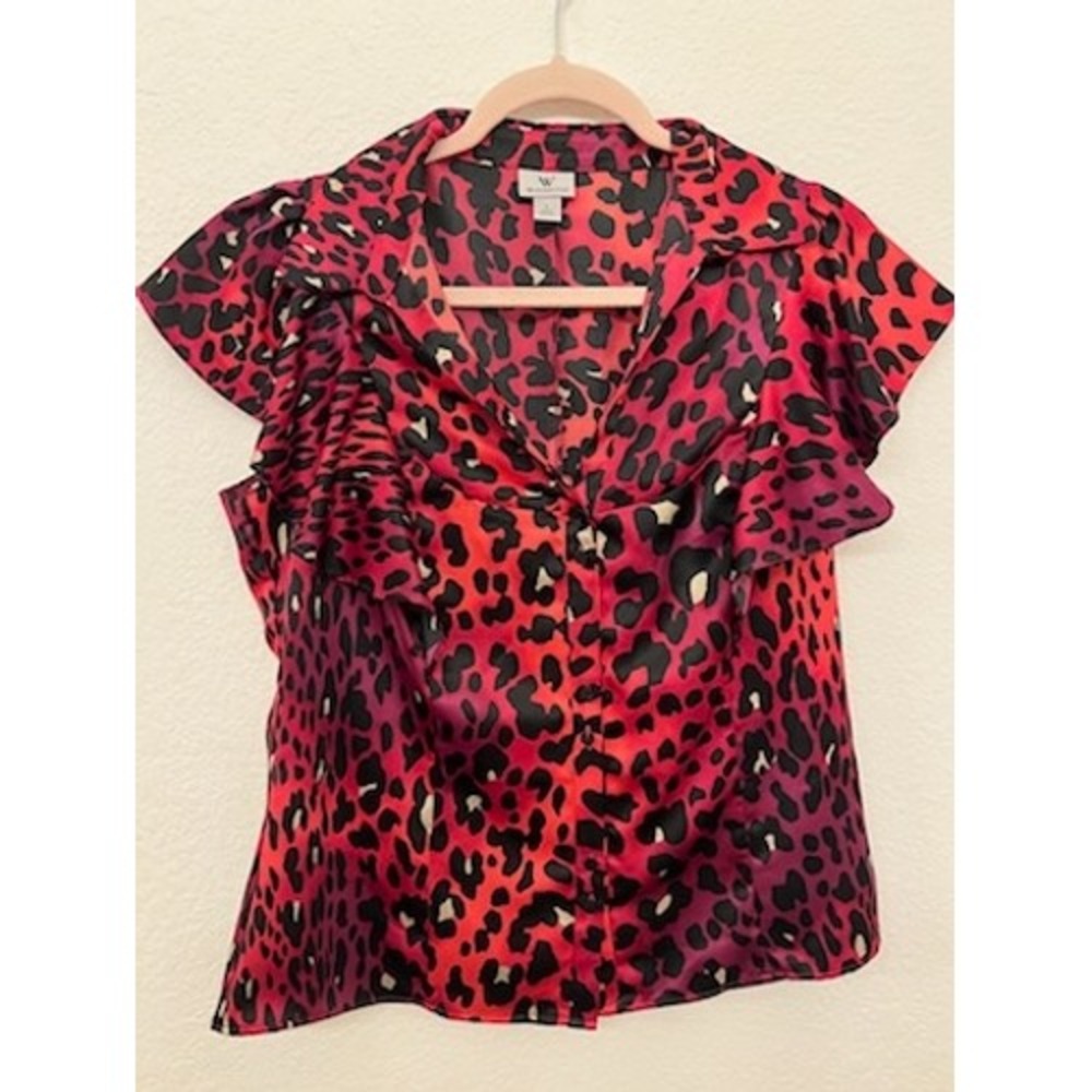 Worthington Womens Pink Red Leopard Print Ruffle Cap Sleeve Button Up Blouse L